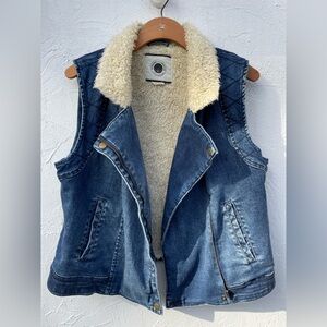Anthropologie Blue Denim Sherpa-Lined Vest with Cream Collar